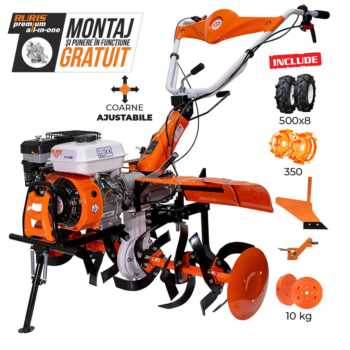 Motosapatoare RURIS 753K + roti cauciuc 5.00-8+plug+adaptor+roti metalice 350 fara manicot+set contragreutati 10kg