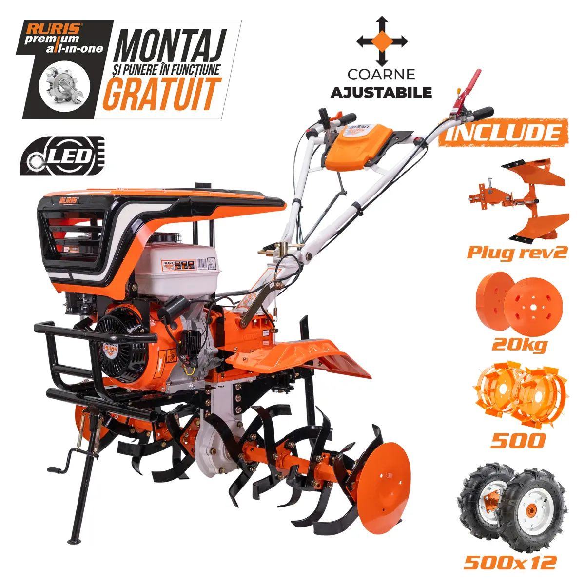 Motosapatoare RURIS 913ACC + roti cauciuc 5.00-12+plug reversibil rev2+roti metalice 500+set contragreutati 20kg