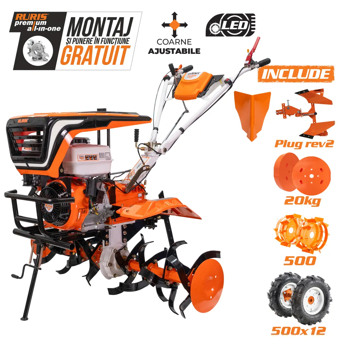 Motosapatoare RURIS 915ACC + roti cauciuc 5.00-12+rarita+plug reversibil rev2+roti metalice 500+set contragreutati 20kg