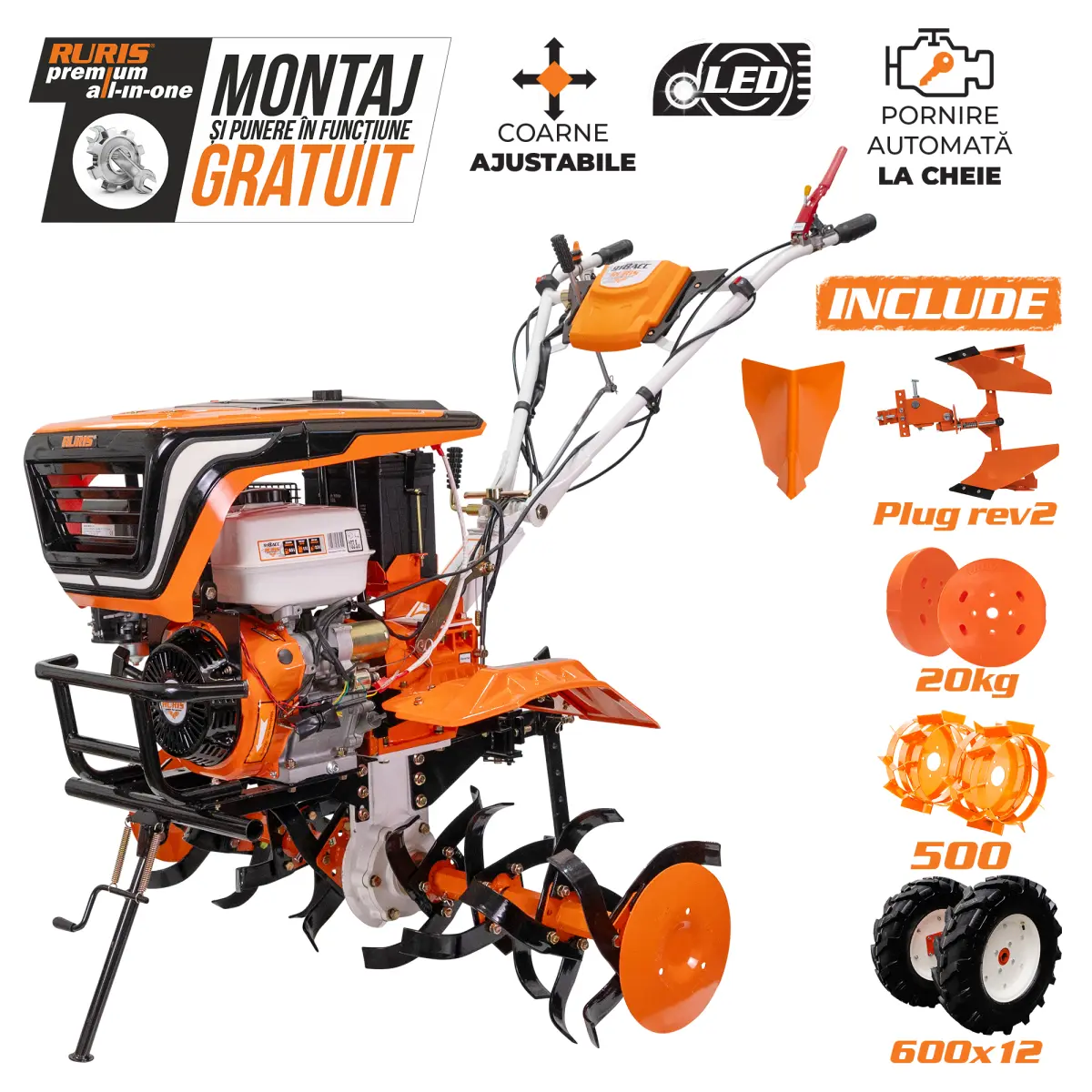 Motosapatoare RURIS 918ACC + roti cauciuc 6.00-12+rarita+plug reversibil rev2+roti metalice 500+set contragreutati 20kg